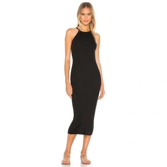 Autumn Cashmere Black Cotton Rib Knit Halter Midi Dress EUC Size Small - Picture 1 of 9